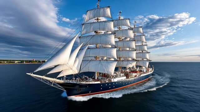 Majestic tall ship sailing under clear skies along the coast with billowing sails catching the wind on a sunny day