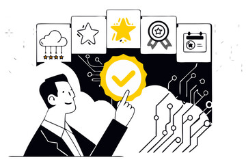 A comprehensive vector illustration showcasing cloud computing, data quality, and service excellence for digital solutions.

