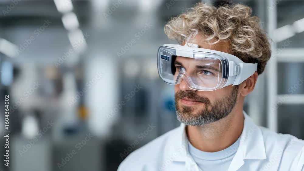 Poster laboratory technician smiling confidently while wearing protective goggles in modern lab setting