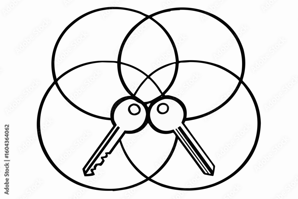 Poster illustration of two keys overlapping in the center of four intersecting circles in black and white