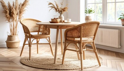 Fototapeta premium Light oak cane back dining chair on herringbone wood floor, paired with a round table in a neutral-toned breakfast nook