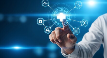 Digital Healthcare Innovation Empowering Patient Wellness Through Connected Technology Solutions with Interactive Medical Icons and Doctors Expertise Guiding the Future