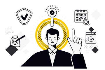 Vector Illustration of a Businessman Pointing Upwards with a Checkmark Icon Above His Head, Surrounded by Icons Representing Security, Scheduling, and Task Completion, Symbolizing Efficiency,