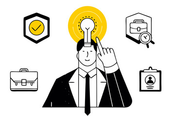 Vector Illustration of a Businessman with a Lightbulb Above His Head Representing an Idea, Surrounded by Business-Related Icons like Briefcases, a Shield, and a Clipboard, Symbolizing Innovation,