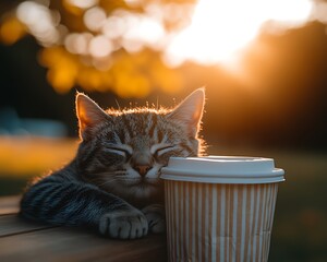 A tabby cat resting near a cup of beverage during sunshine