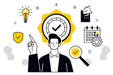 Vector Illustration of a Businessman Pointing Upwards Surrounded by Icons Representing Business Solution, Idea Generation, Security, Time Management, and Quality Assurance Concepts

