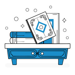 Elegant Old Style Books on a Table with Magical Sparkles, Blue and White Line Art Vector Illustration

