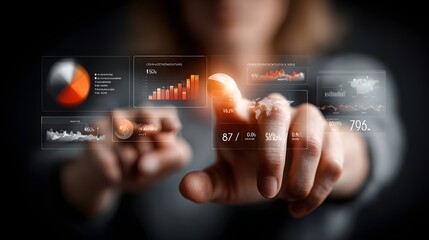 A close up view of a person s hand manipulating a futuristic digital dashboard filled with graphs charts and data visualizations