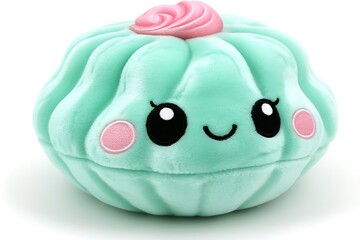 A smiling teal plush clam with a pink floral decoration