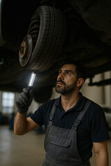 Mechanic inspecting vehicle undercarriage with flashlight in a garage during daytime work hours
