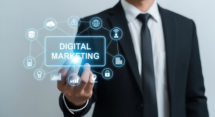 Digital Marketing Strategy Presented by Business Professional Connecting with Online Data and Cloud Computing for Growth and Success