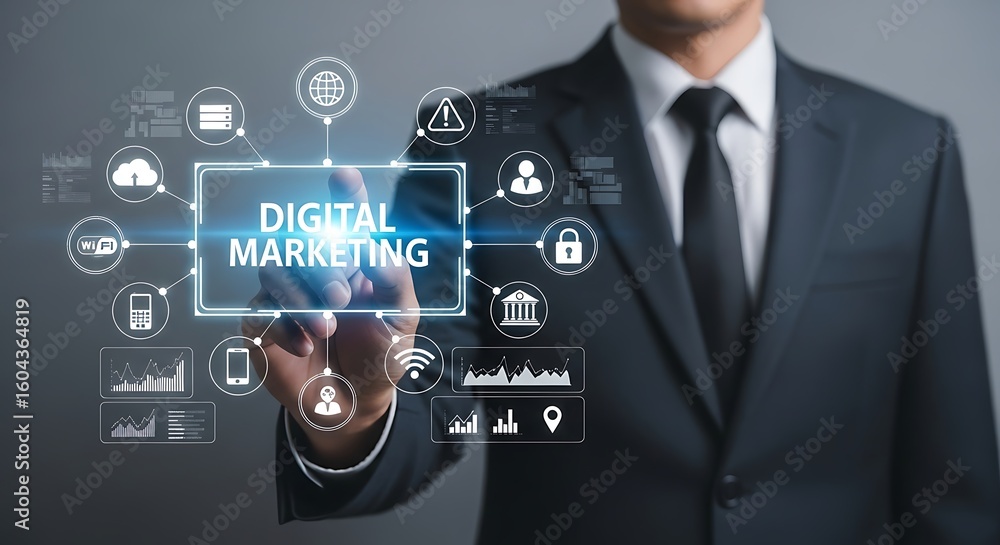 Poster digital marketing strategy visualization business solutions and technology integration with a man in