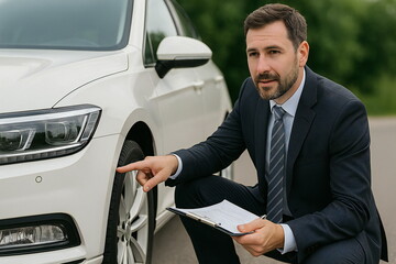 Man in suit inspecting car tire on roadside during daytime with clipboard and focused expression