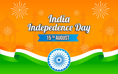 India Independence day 15 August celebration background. Poster or banner with Ashoka Chakra and Indian flag colors and copy space. Vector Illustration