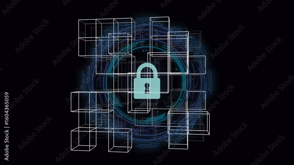 Poster digital padlock icon surrounded by abstract 3d data blocks
