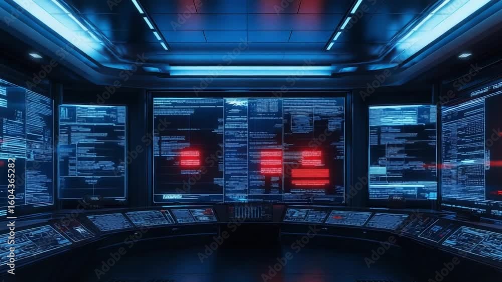 Poster futuristic cyber command center with holographic data screens