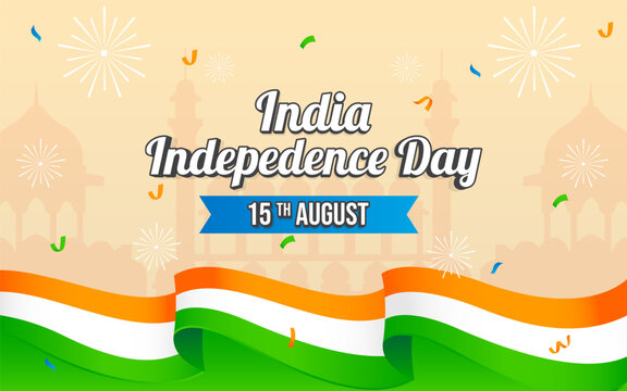 India Independence day 15 August celebration background. Poster or banner with Ashoka Chakra and Indian flag colors and copy space. Vector Illustration