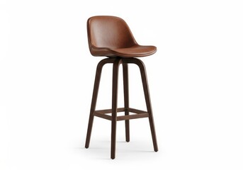Modern Brown Leather Bar Stool - Elegant bar stool, brown leather seat, dark wood legs, stylish design, comfortable seating. Symbolising sophistication, comfort, , hospitality, and modern design