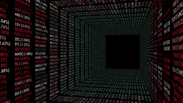 Rows of crypto tickers and prices form a digital tunnel of market volatility.