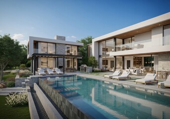 Fototapeta premium Modern Luxury Residence with Pool and Landscaping - Elegant contemporary home showcasing stunning architecture, a luxurious pool, and meticulous landscaping.