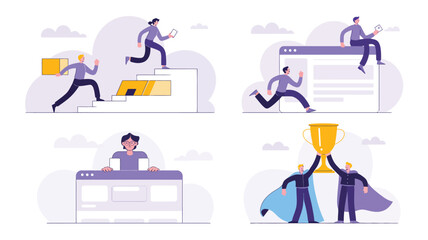 Four-step conceptual journey from action to teamwork: stairs with boxes, website interaction, focused desk work, and shared victory with trophy