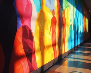 A glowing mural in a bright community center celebrating acts of kindness inspired by donations, sunlight casting warm shadows