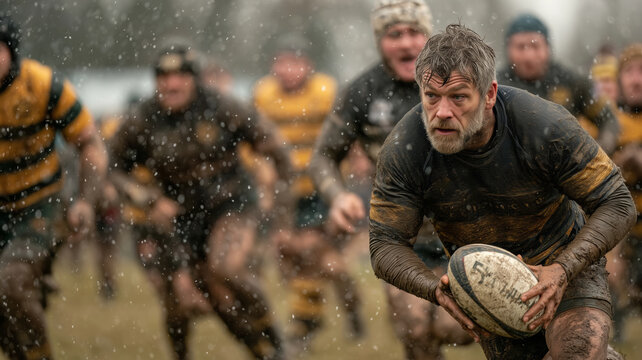Rugby match displays intense competition amidst muddy conditions and rain
