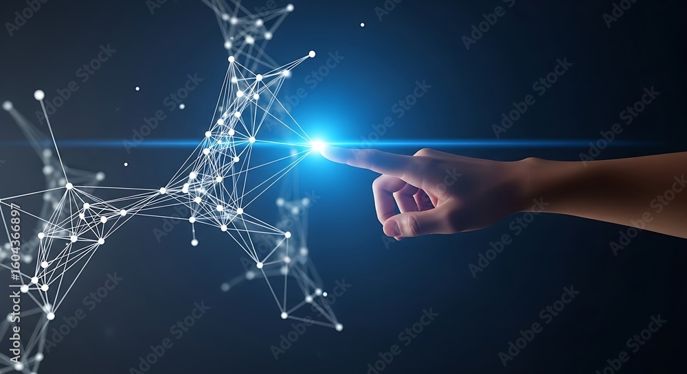 Poster futuristic technology concept with hand touching network node for digital transformation and innovat