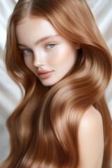 Naklejka premium Radiant young woman with long, flowing hair, soft complexion, and captivating gaze on elegant background