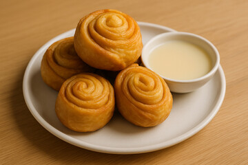 Fototapeta premium Fried Chinese Flower Buns Served with Condensed Milk on White Plate