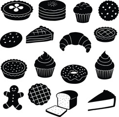 Delicious Bakery and Pastry Silhouettes: A Sweet Collection of Black and White Icons Featuring Pies, Pancakes, Muffins, Cookies, Croissant, Cupcakes, Donut, Gingerbread Man, Bread, and Cake Slices.