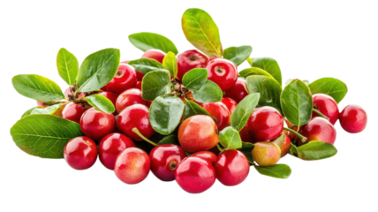 Fresh cherries with vibrant green leaves arranged artistically on a white background for an appealing and colorful display on transparent background