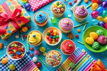 Festive Birthday Party Table with Colorful Cupcakes Candies Presents and Balloons