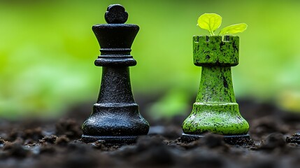 A chess queen and rook with plant growth symbolize strategy