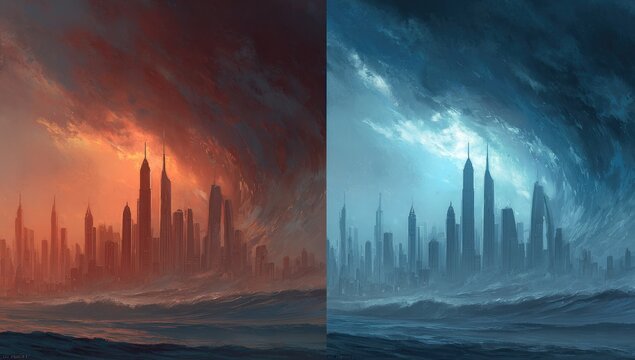 Two contrasting cityscapes, one fiery, one icy - Powered by Adobe