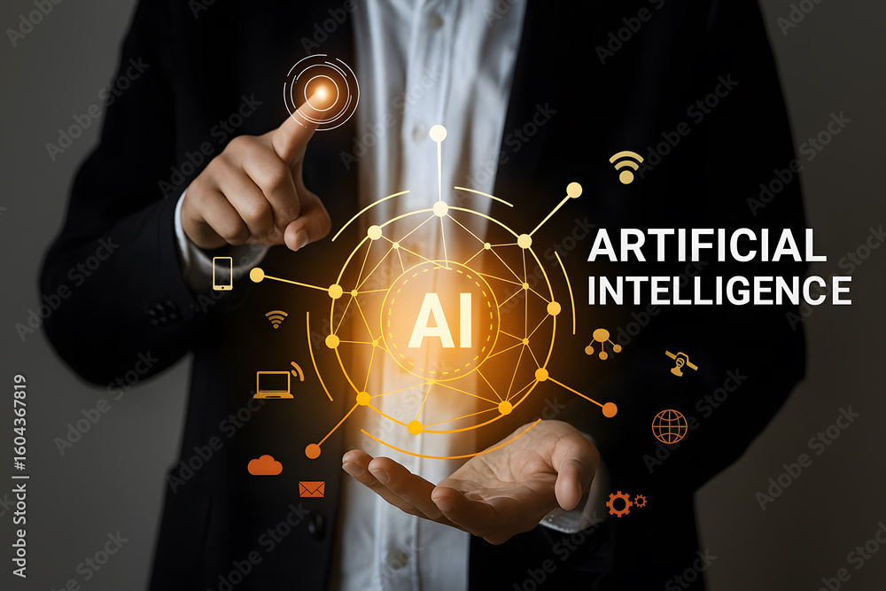 Poster artificial intelligence and technology concept representing machine learning, innovation, automation