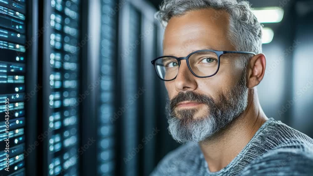 Poster experienced man with glasses and beard showcases technology in data center with server expertise