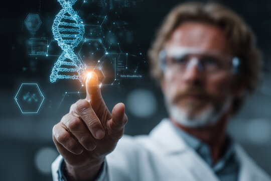 Scientist in laboratory examines digital representation of DNA structure