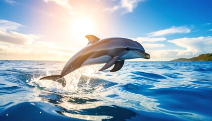 Fototapeta premium Majestic dolphin leaps in azure ocean at sunrise