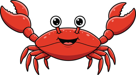 Cheerful Red Crab Cartoon Character with Big Eyes and Happy Smile, Funny Marine Animal for Children's Books, Seafood Menus, and Ocean-Themed Designs, Vector Illustration