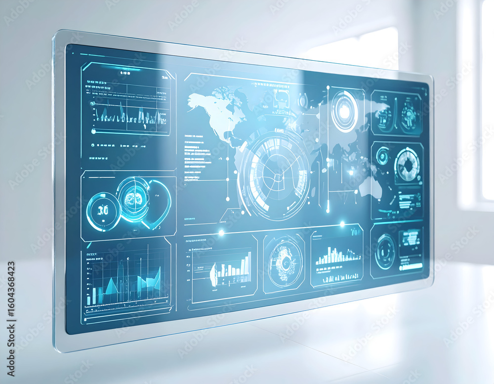 Poster bright futuristic display screen interface with data graphs and world map