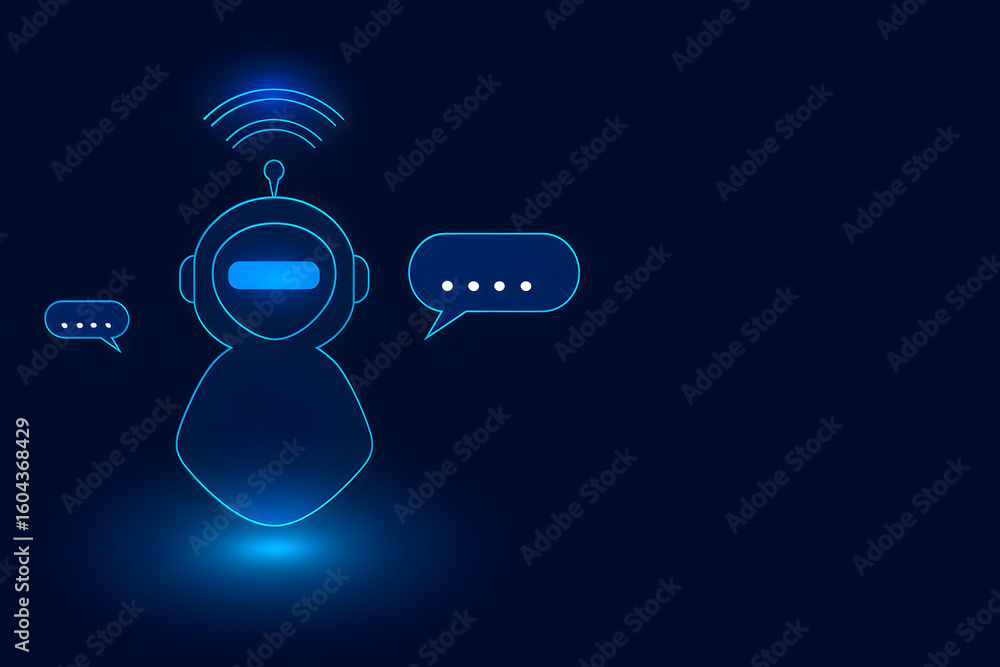 Poster ai chatbot illustration on blue background representing smart virtual assistant, automation and mess