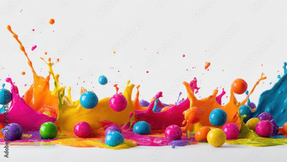 Poster vibrant paint splashes and colorful spheres create a dynamic and energetic abstract composition agai