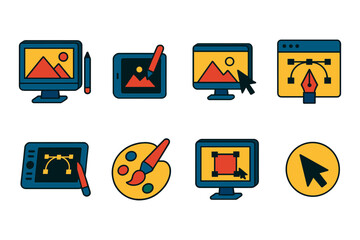 Digital art tools and devices icons for creative design projects