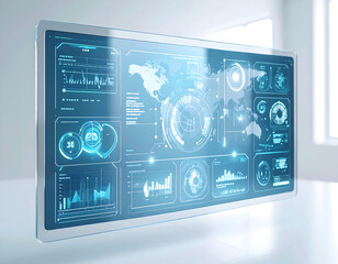 Bright futuristic display screen interface with data graphs and world map