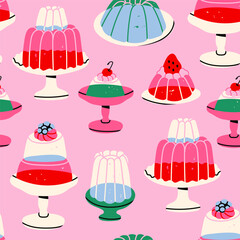 Jelly cake set. Various colorful desserts with fruit on plates. Jellies, candy, juicy food, pudding concept. Colorful trendy style. Hand drawn modern Vector illustration. Square seamless Pattern
