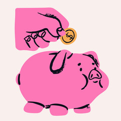 Hand putting coin into a pink Piggy Bank. Earning money, savings, investment, business advertising concept. Hand drawn modern Vector illustration. Isolated design element. Print, sticker template