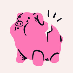 Broken Piggy Bank. Pink cracked pig. Earning money, savings, investment, business advertising concept. Hand drawn modern Vector illustration. Isolated design element. Print, sticker template