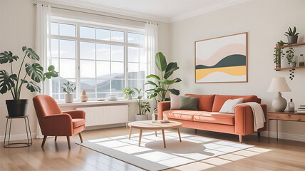 Interior Living Room with Orange Sofa Armchair Plants and Window