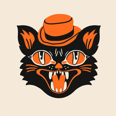 Halloween Cat portrait. Cute face, open mouth. Retro, vintage, traditional tattoo style. Hand drawn trendy Vector illustration. Isolated design element. Print, sticker, logo, icon, avatar template
